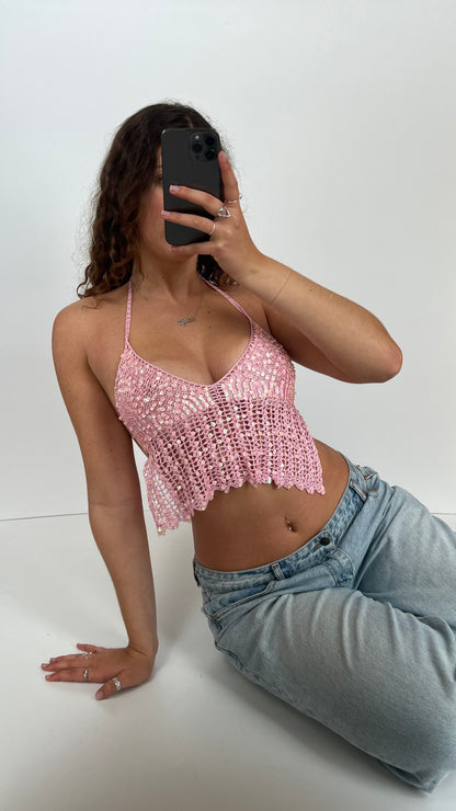 00s pink crochet sequin cami- size S