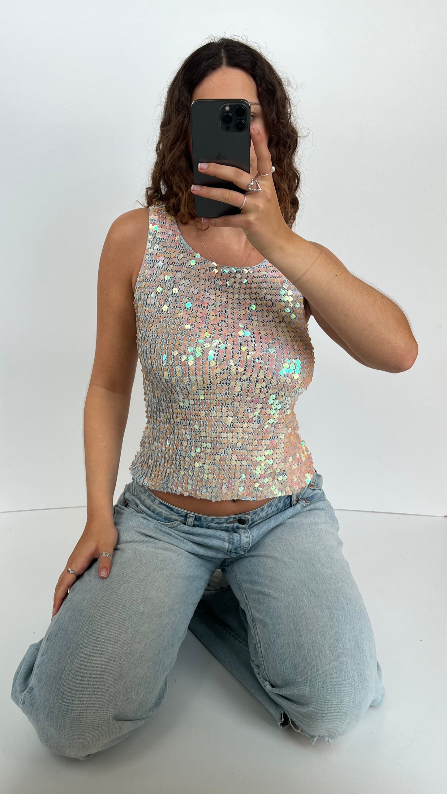 00s blue sequin crochet top- size M