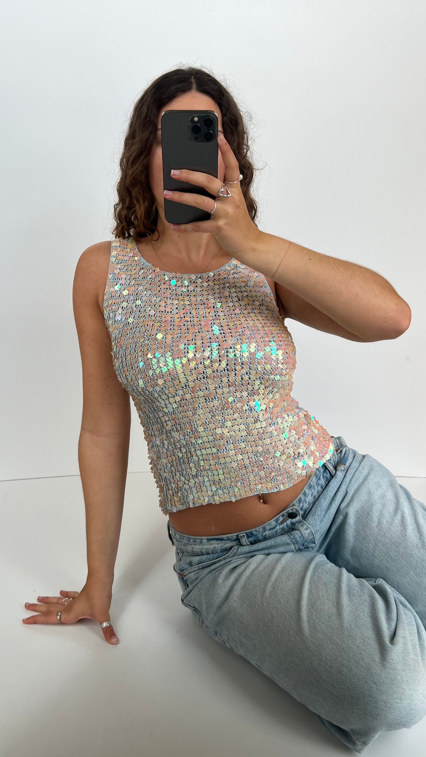 00s blue sequin crochet top- size M