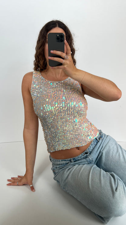 00s blue sequin crochet top- size M