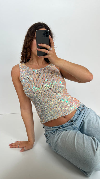 00s blue sequin crochet top- size M