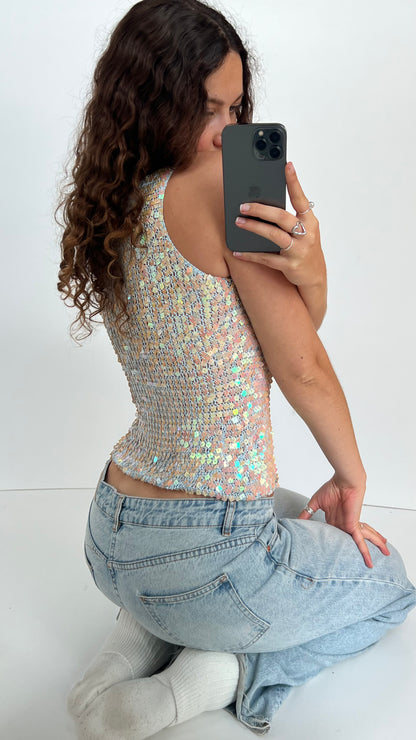 00s blue sequin crochet top- size M