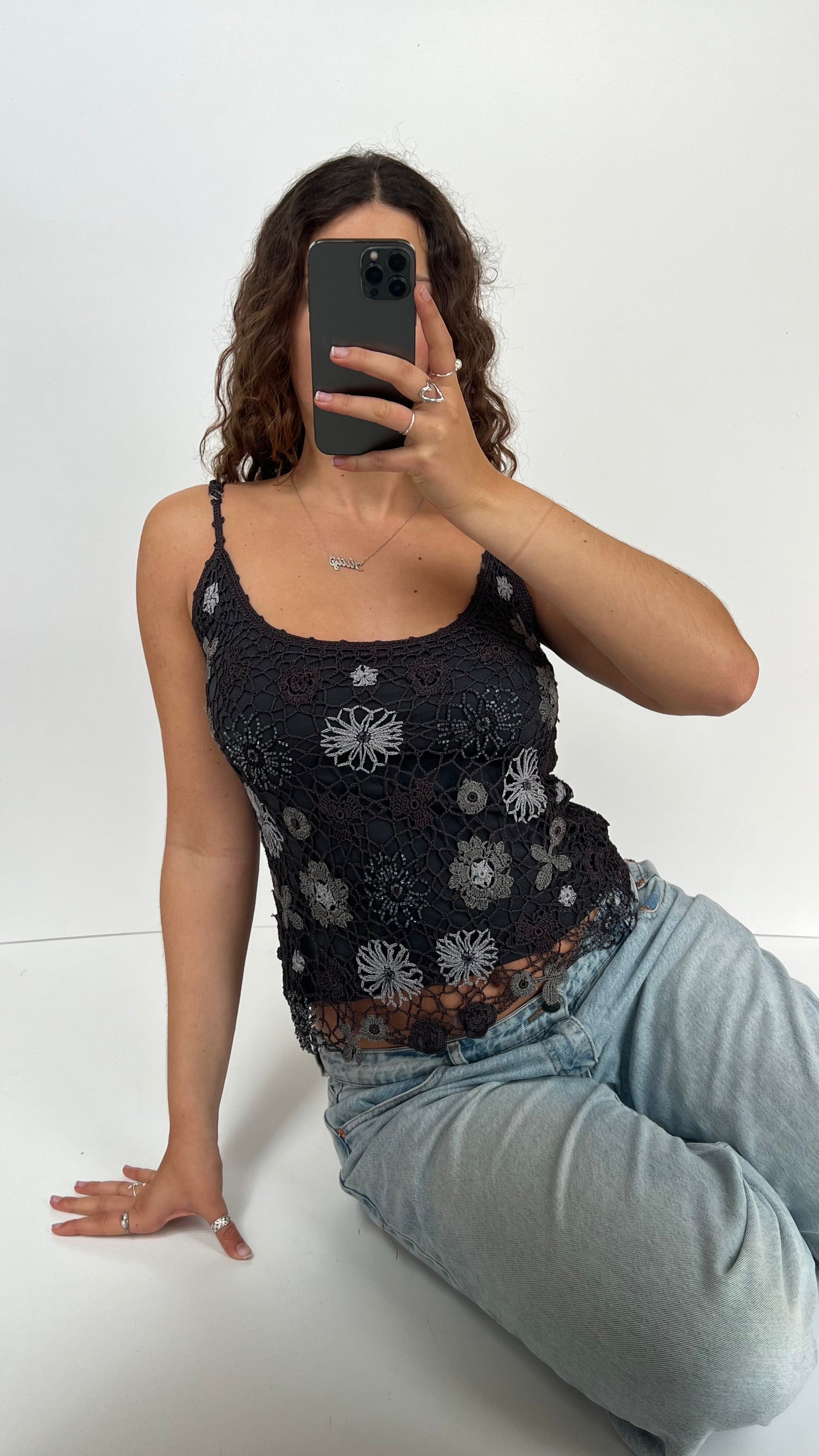 00s grey floral crochet cami- size M
