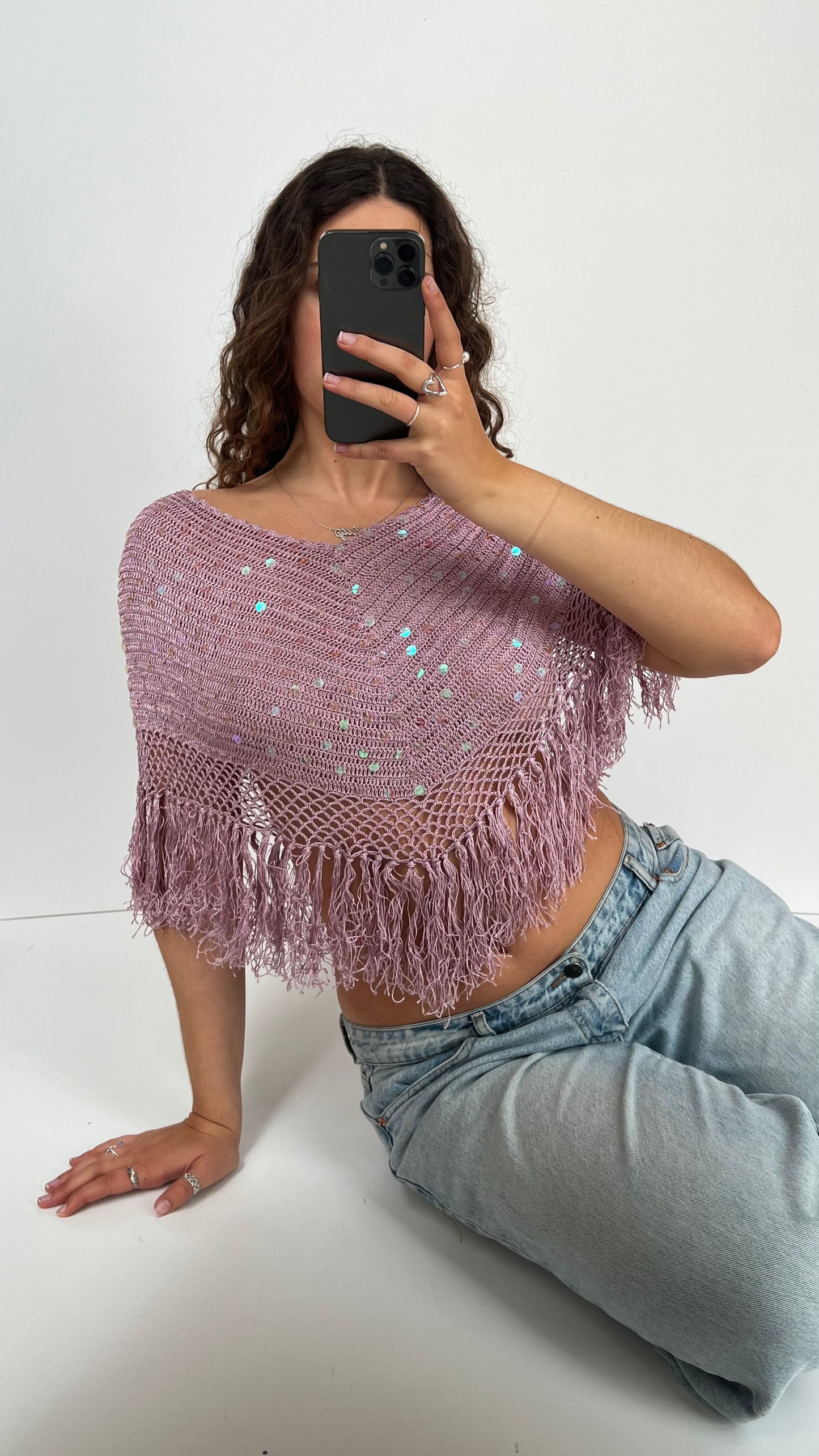 00s pink sequin crochet cape- one size