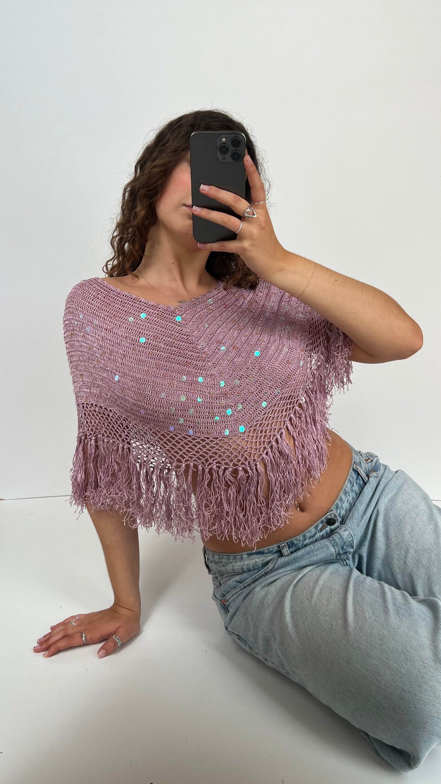 00s pink sequin crochet cape- one size