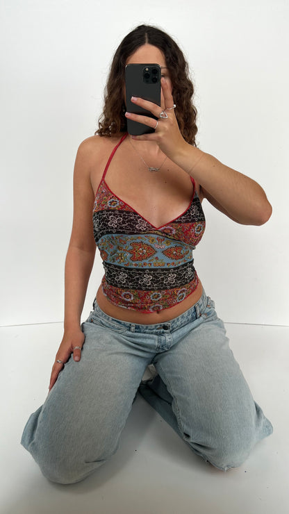 00s red patterned backless cami- size S