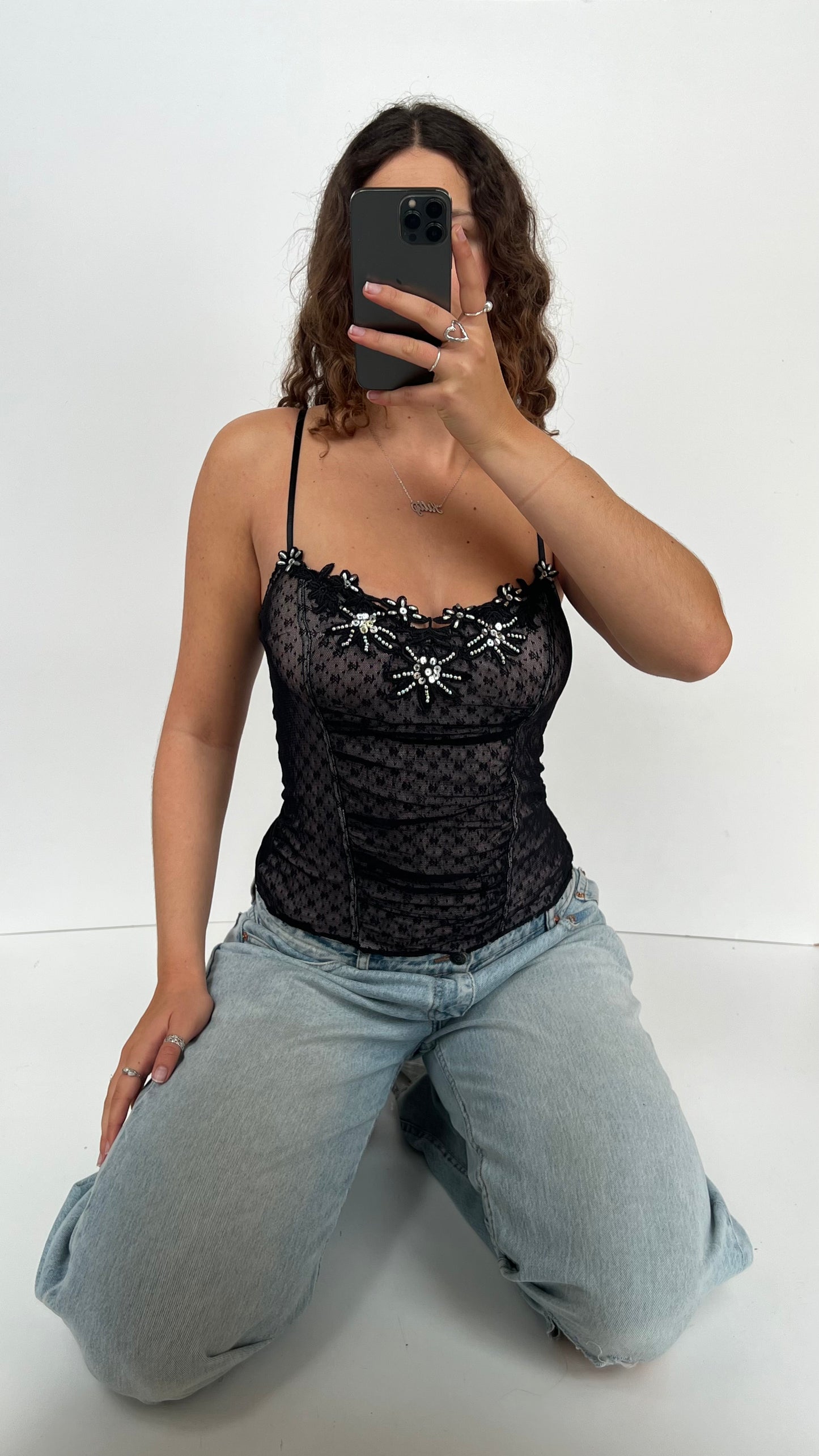 00s black mesh beaded cami- size S