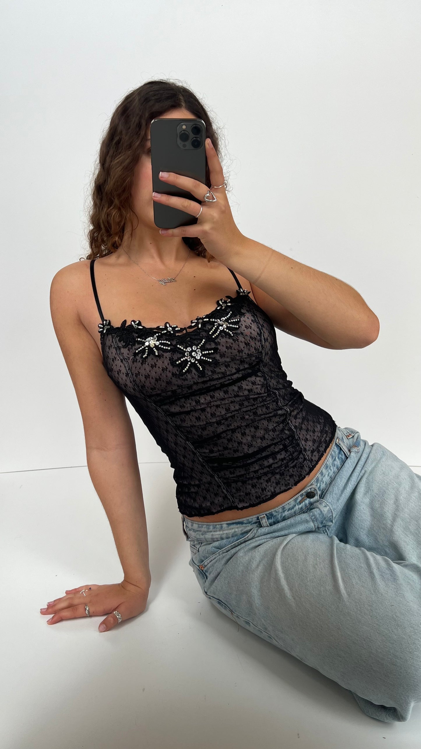 00s black mesh beaded cami- size S