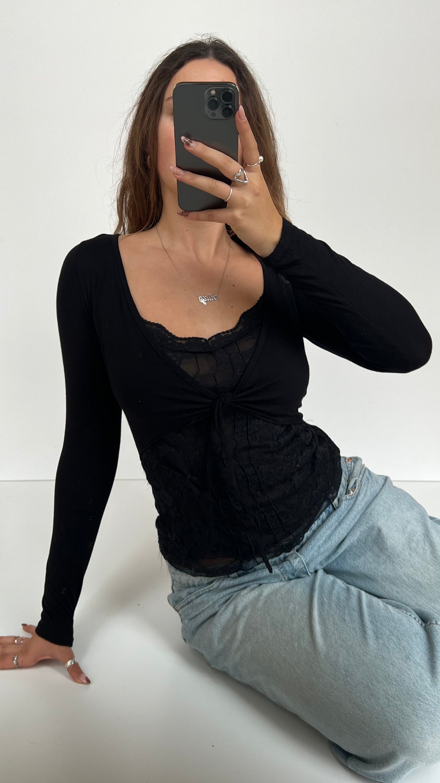 00s black lace long sleeve top- size S