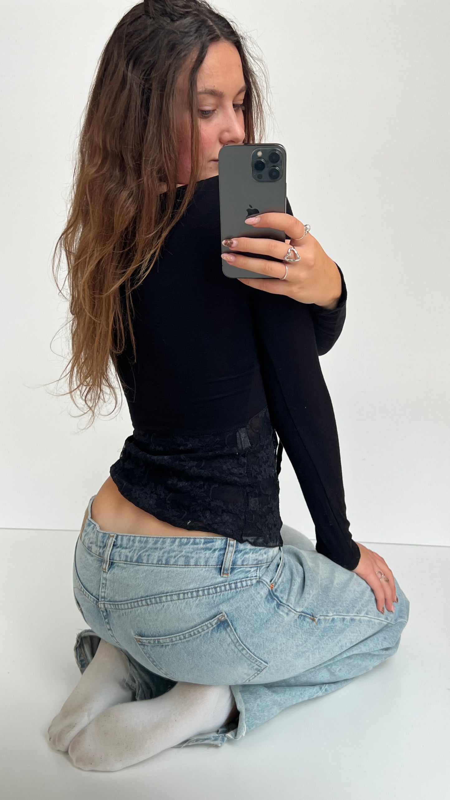 00s black lace long sleeve top- size S