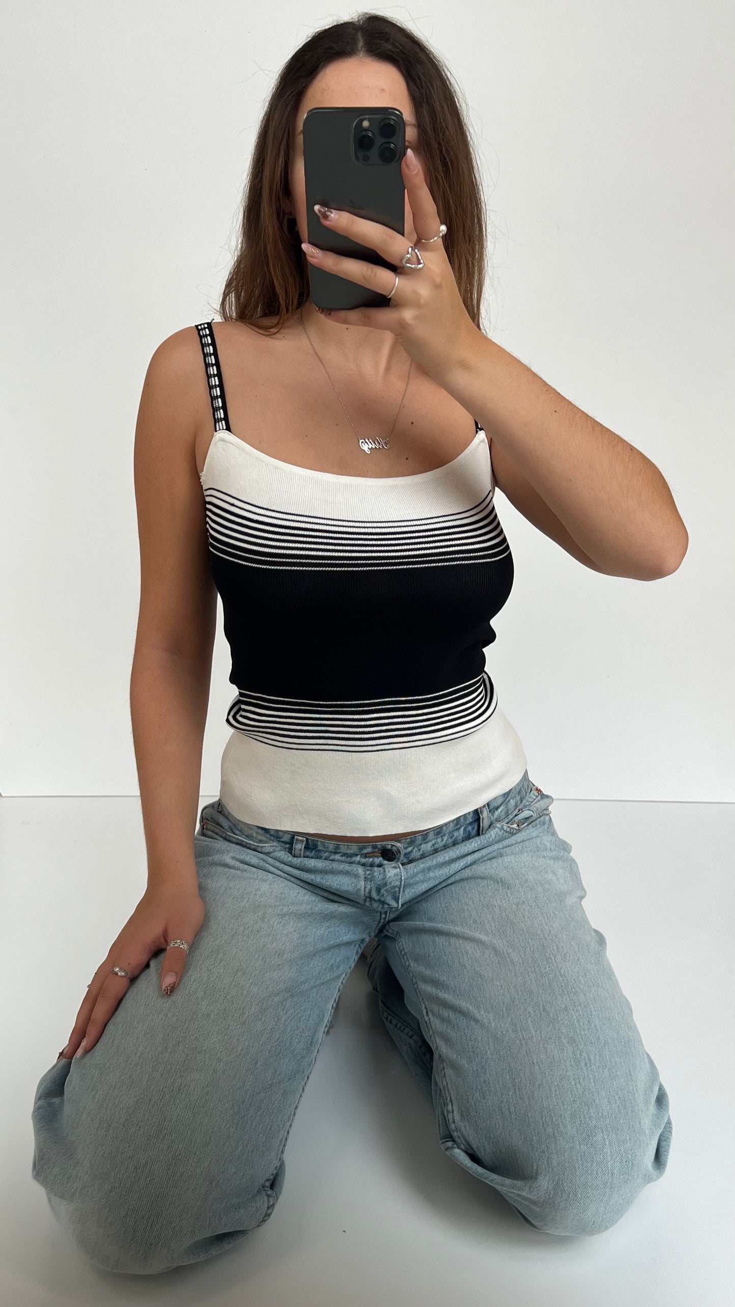 00s black white striped knit cami- size S