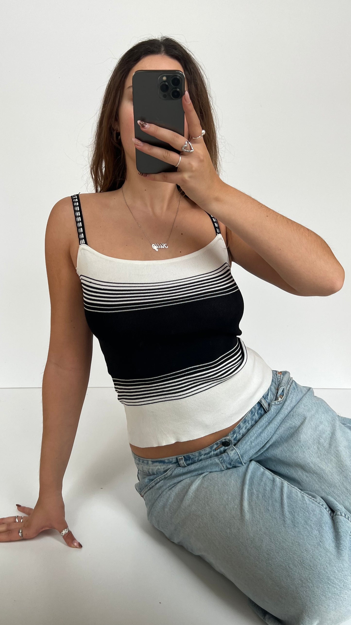 00s black white striped knit cami- size S
