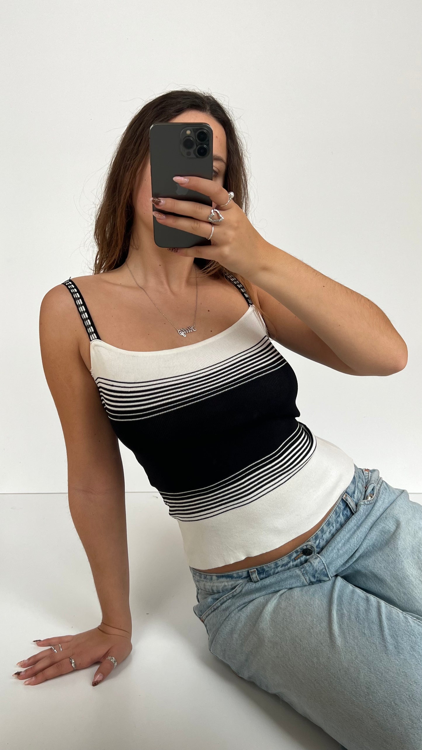 00s black white striped knit cami- size S