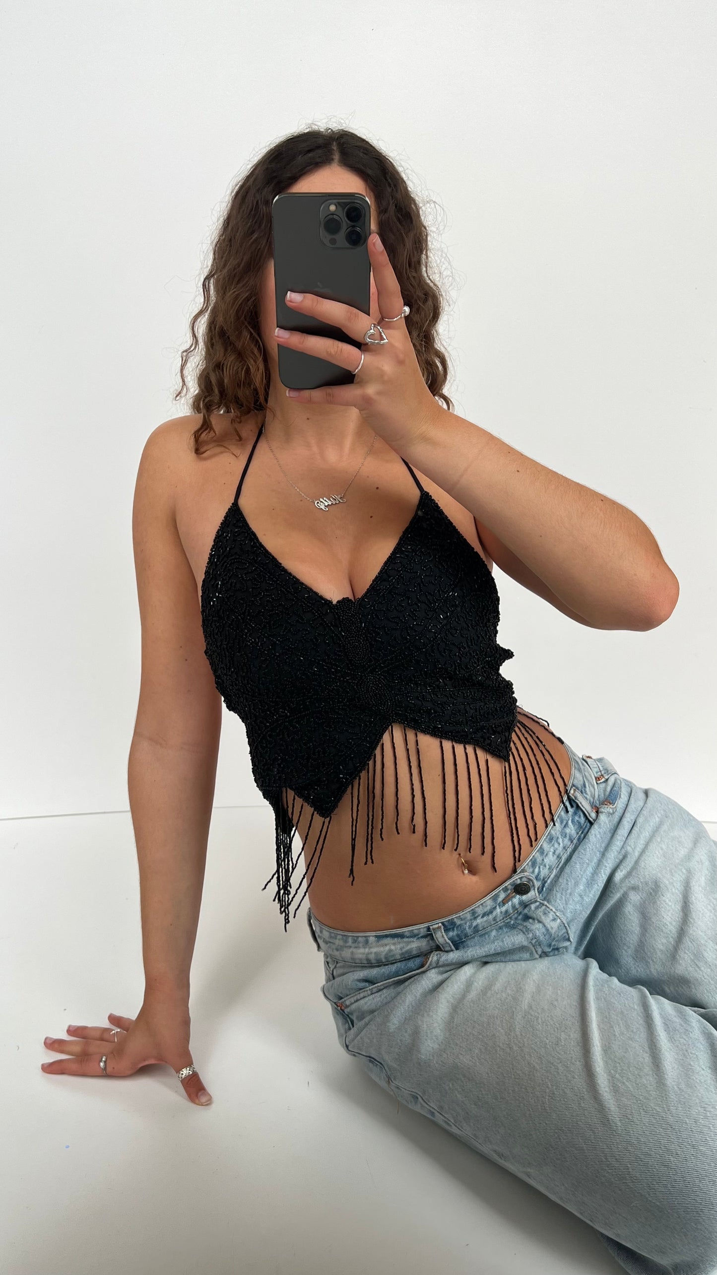 00s black beaded butterfly cami- size S