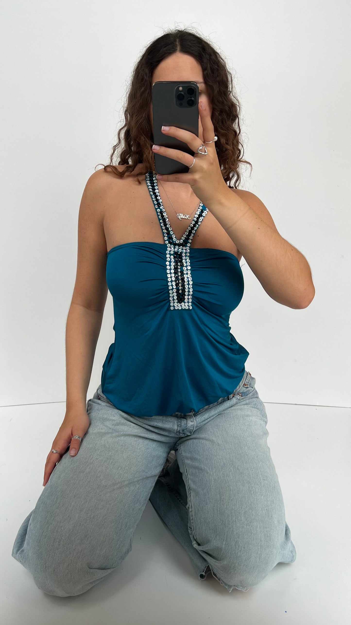 00s blue sequin halter cami- size S