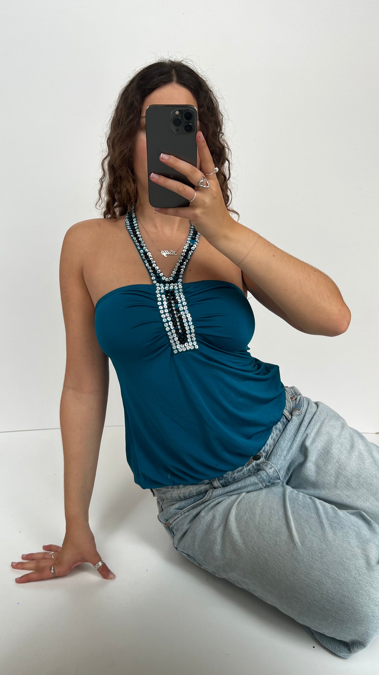 00s blue sequin halter cami- size S