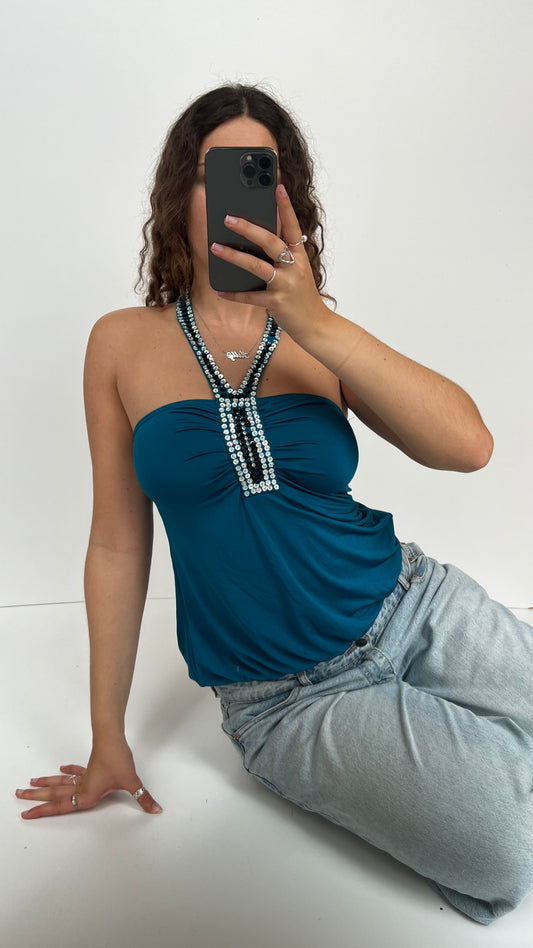 00s blue sequin halter cami- size S