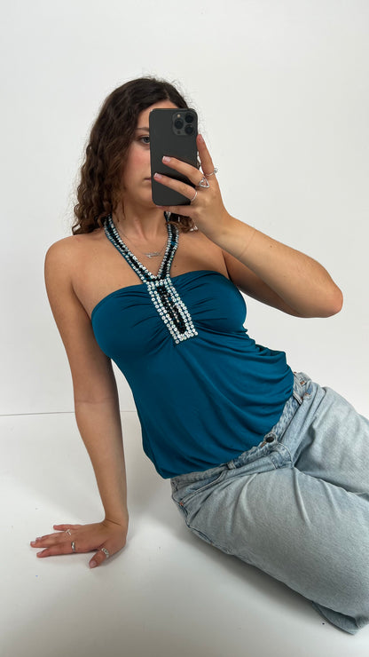 00s blue sequin halter cami- size S