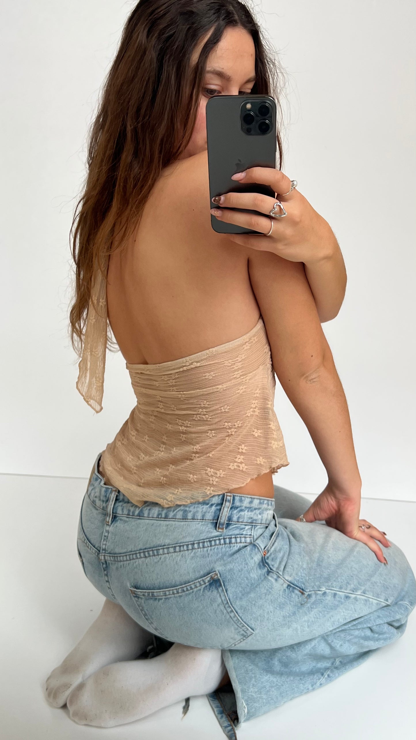 00s cream mesh halter top- size M