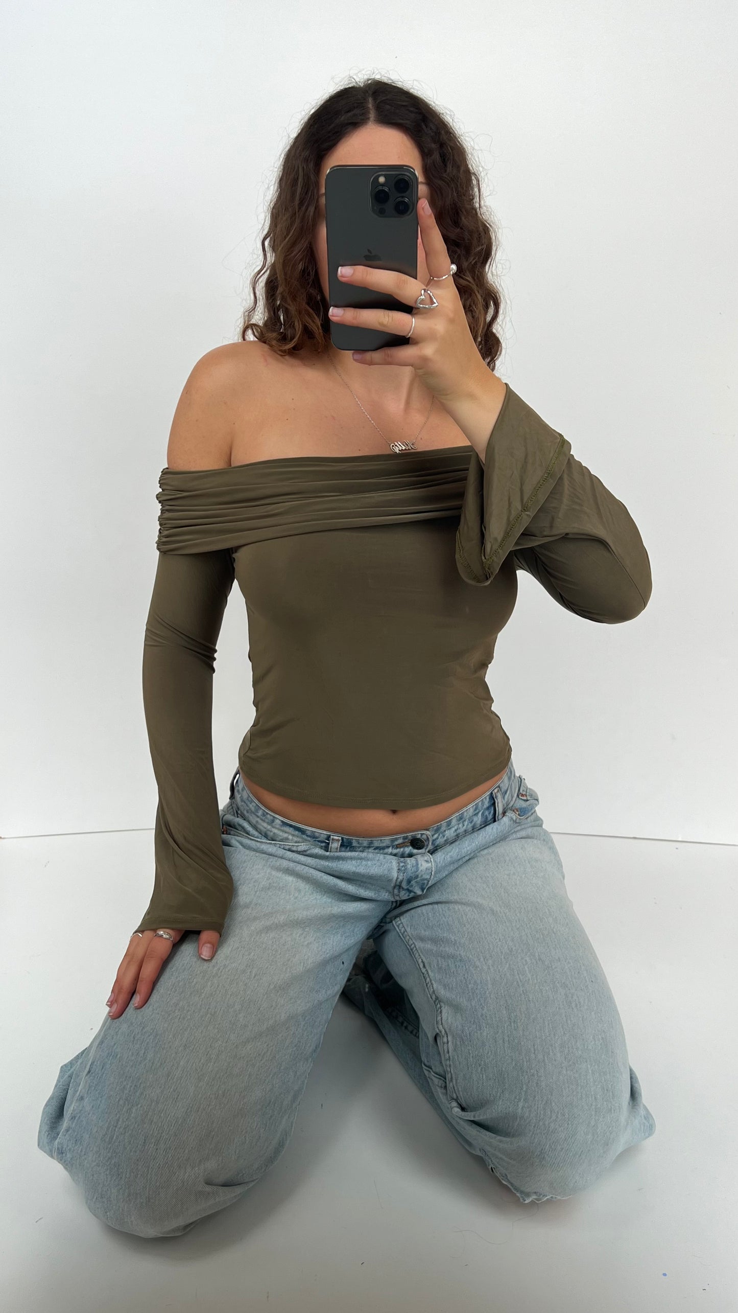 00s khaki off shoulder top- size M