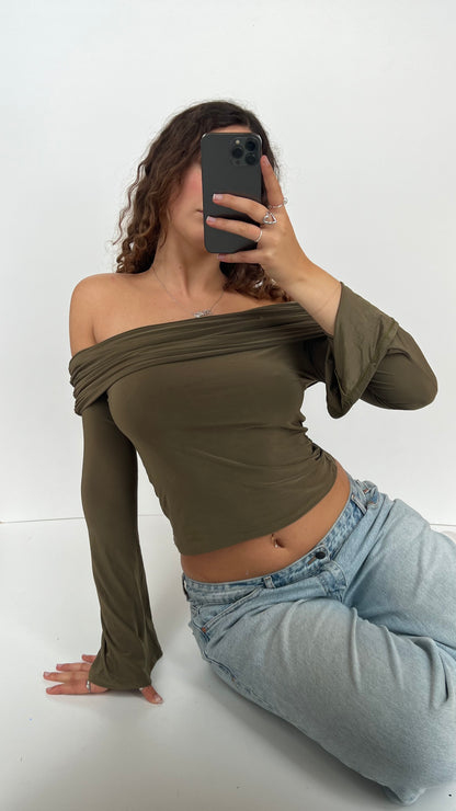 00s khaki off shoulder top- size M