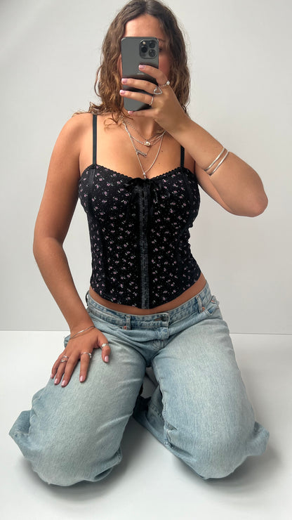 00s black pink floral corset cami- size M
