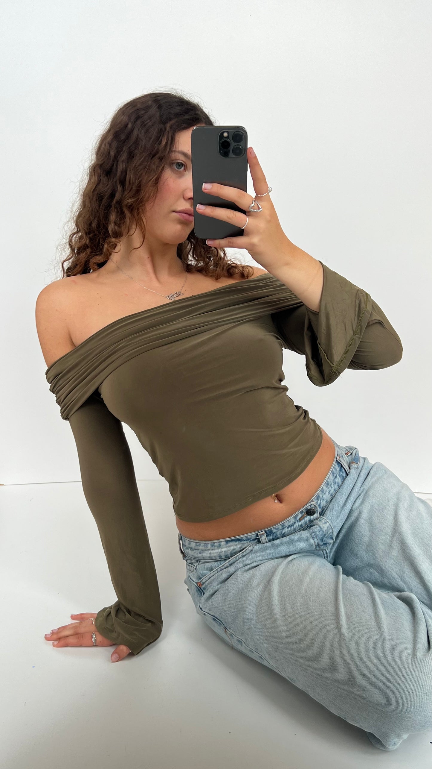 00s khaki off shoulder top- size M