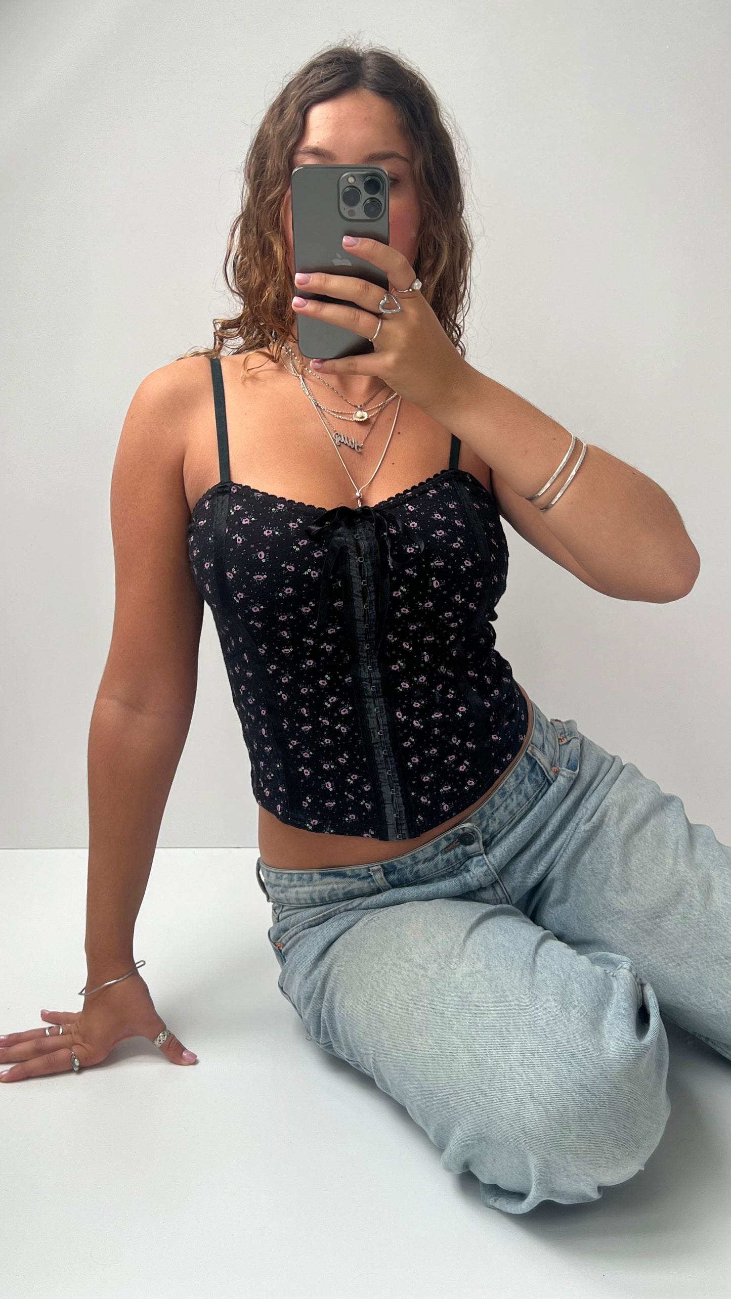 00s black pink floral corset cami- size M