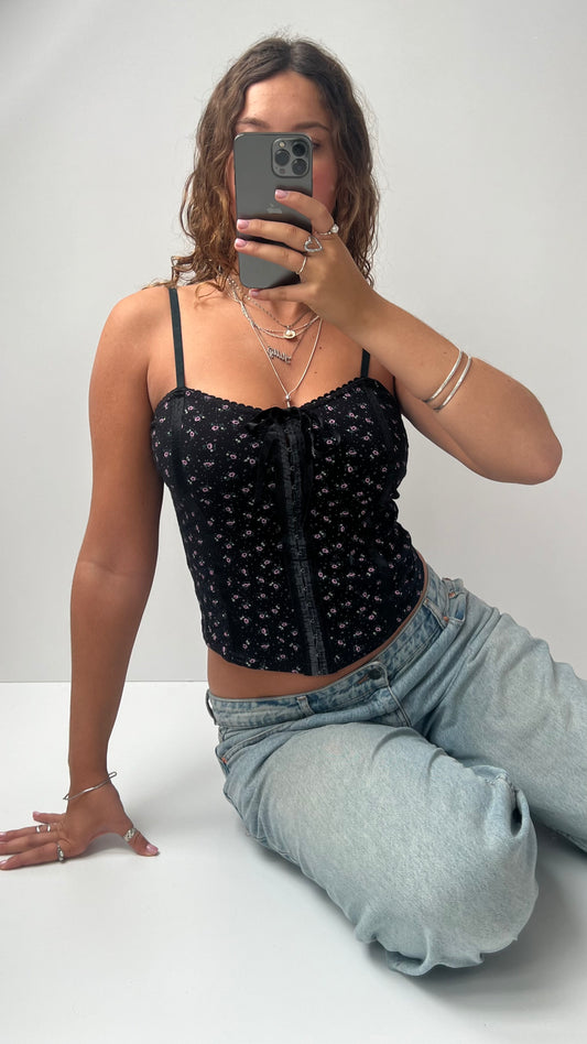 00s black pink floral corset cami- size M
