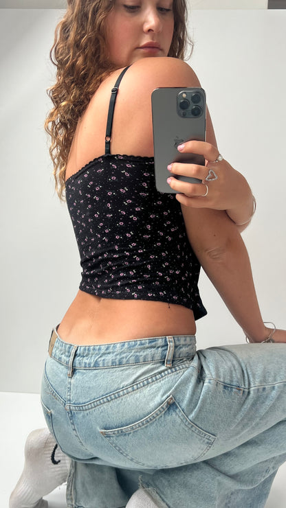 00s black pink floral corset cami- size M