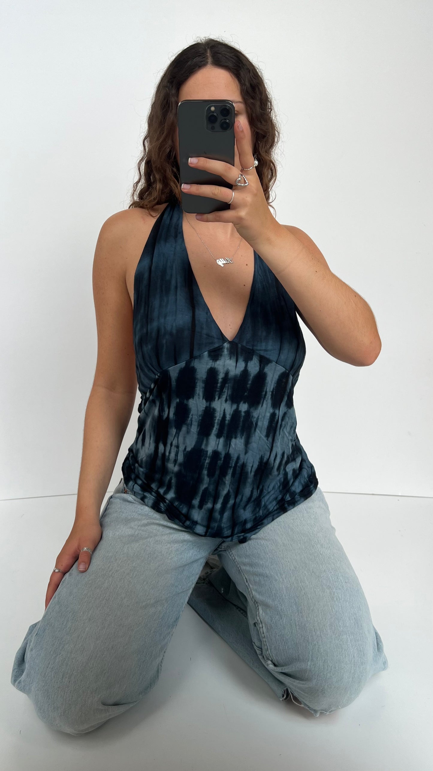 00s blue backless chain top- size L