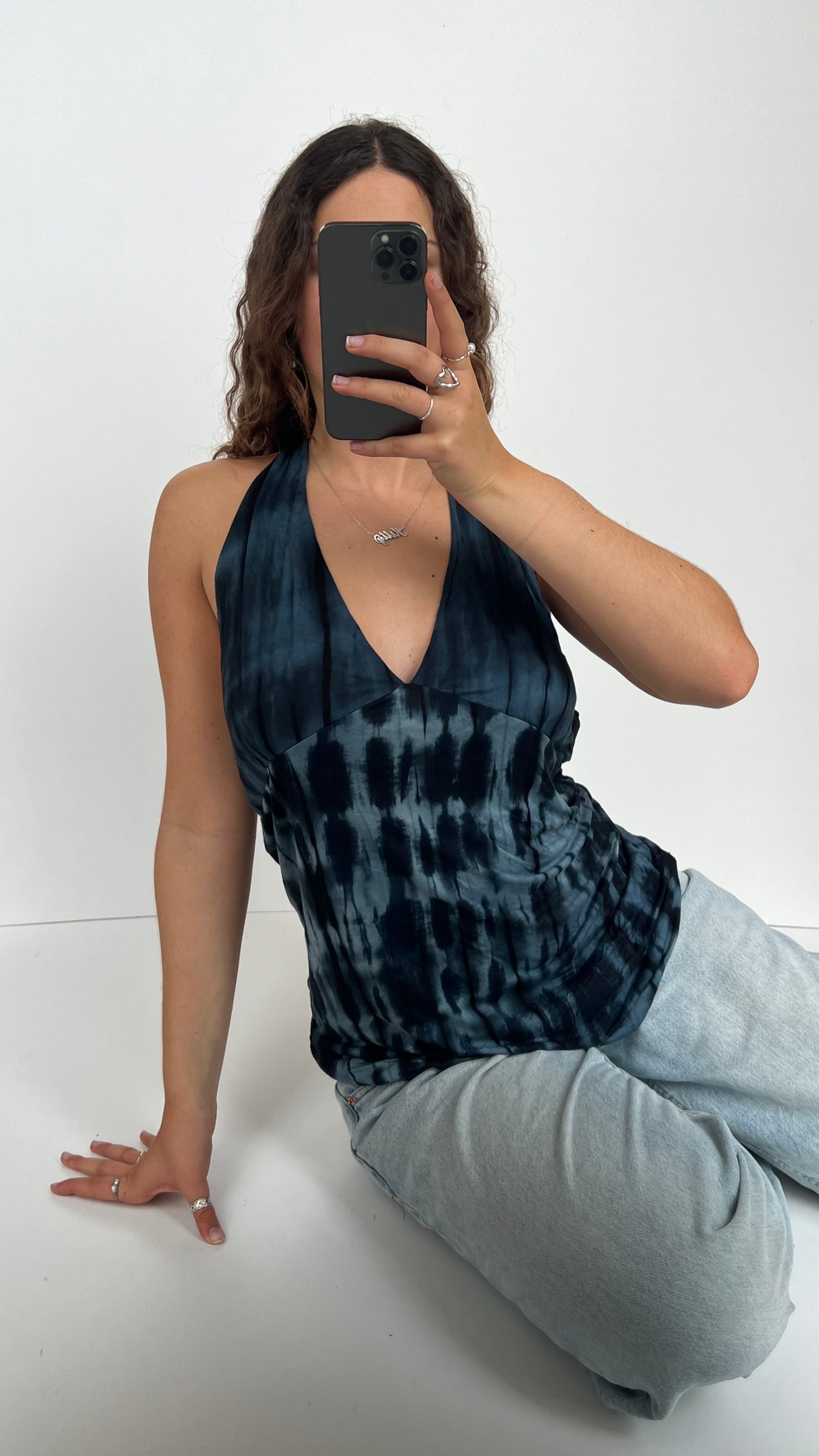 00s blue backless chain top- size L