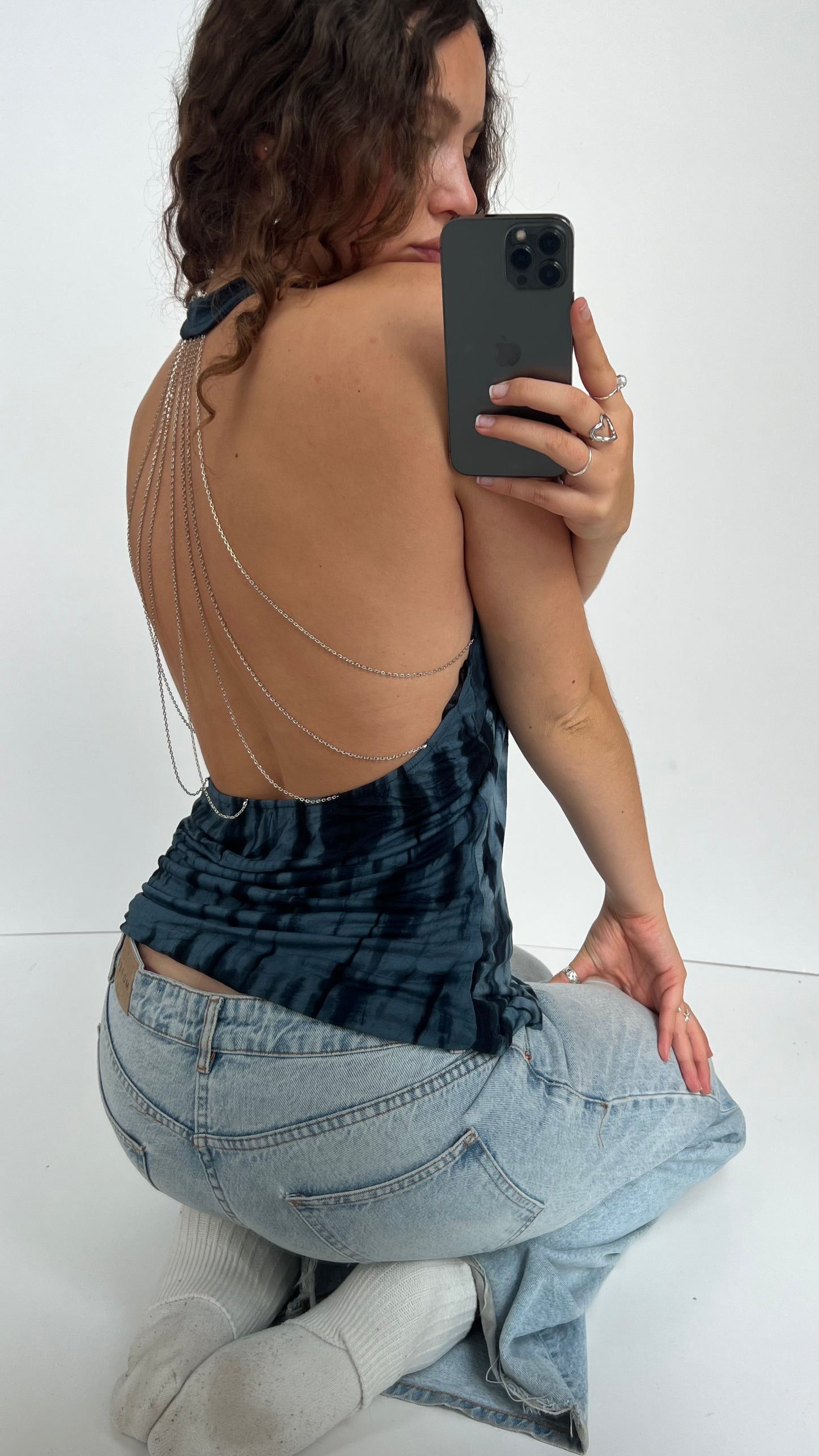 00s blue backless chain top- size L