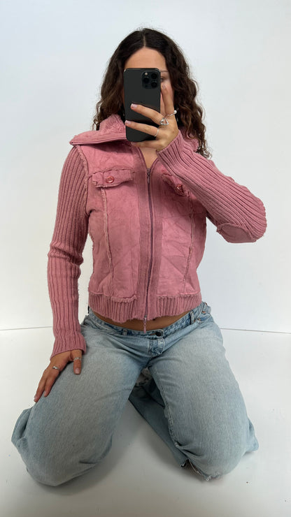 00s pink knit fur jacket- size XL