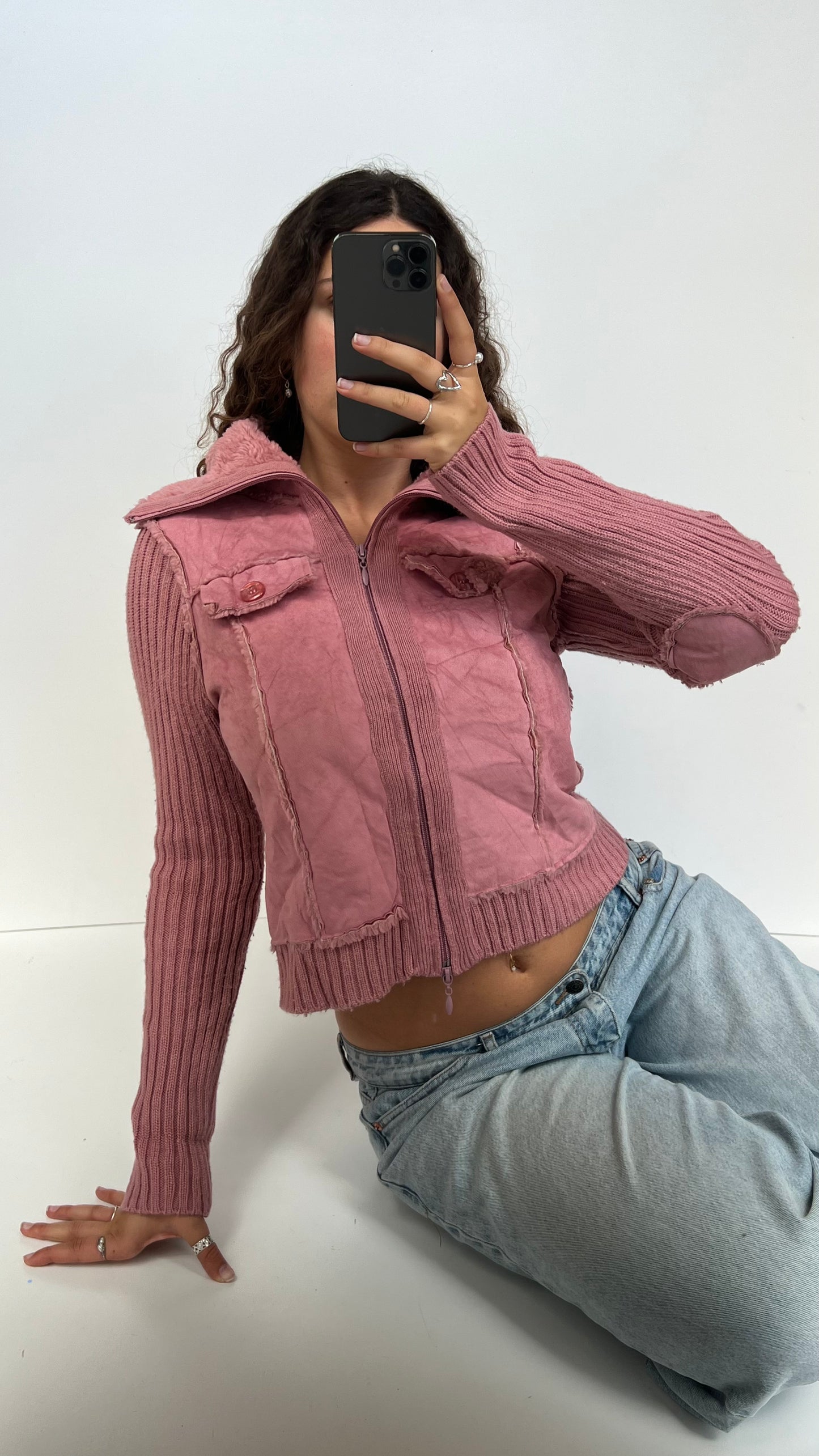 00s pink knit fur jacket- size XL