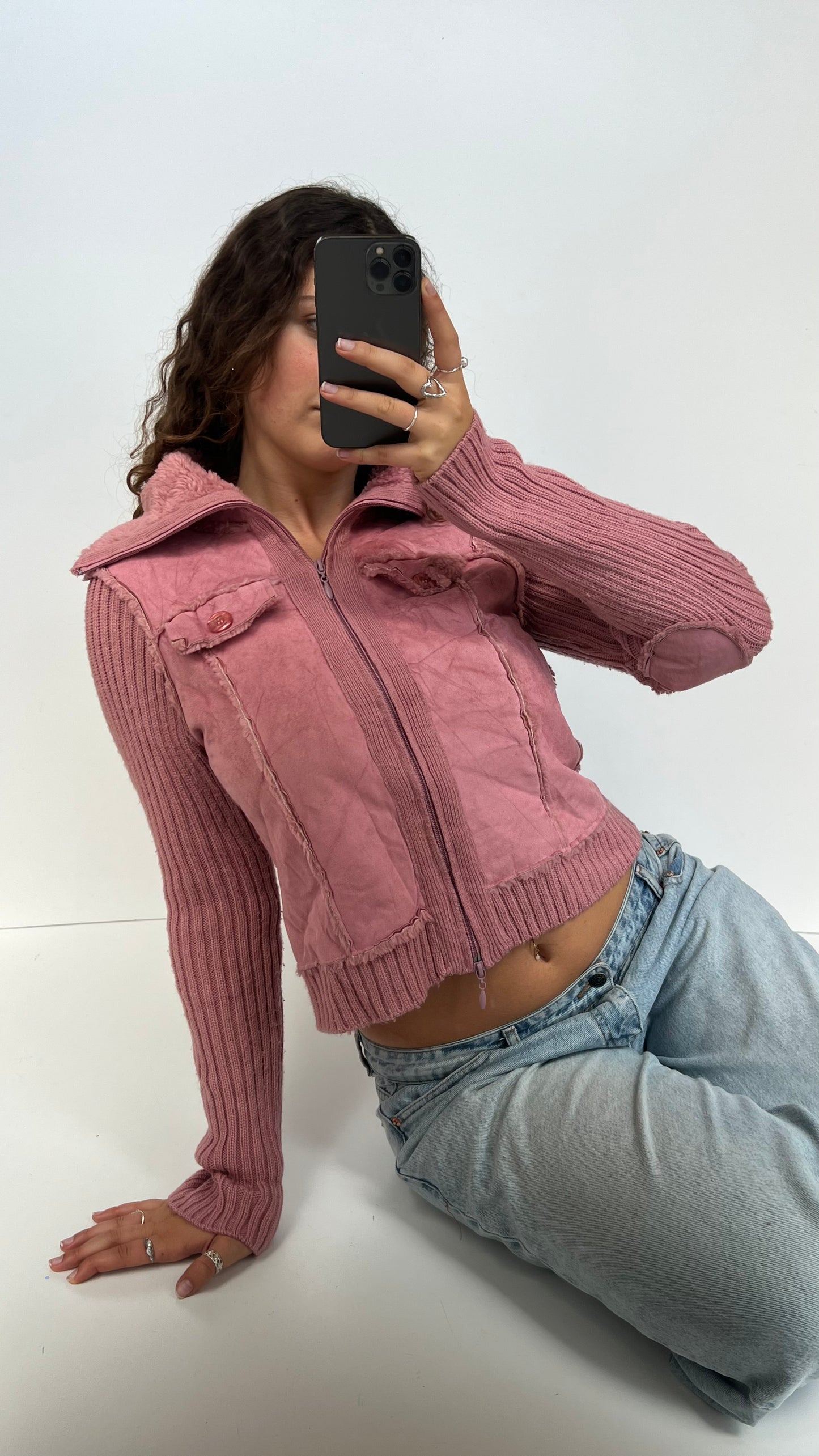 00s pink knit fur jacket- size XL