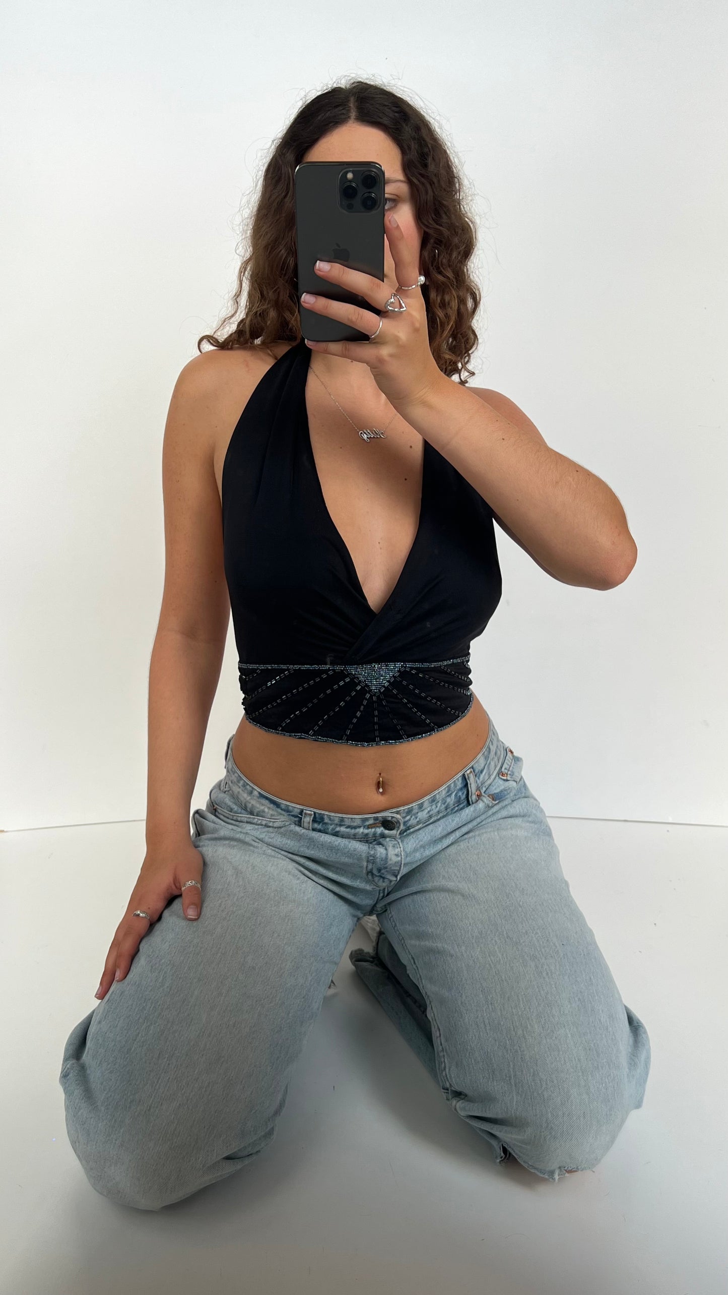 00s black beaded backless cami- size S