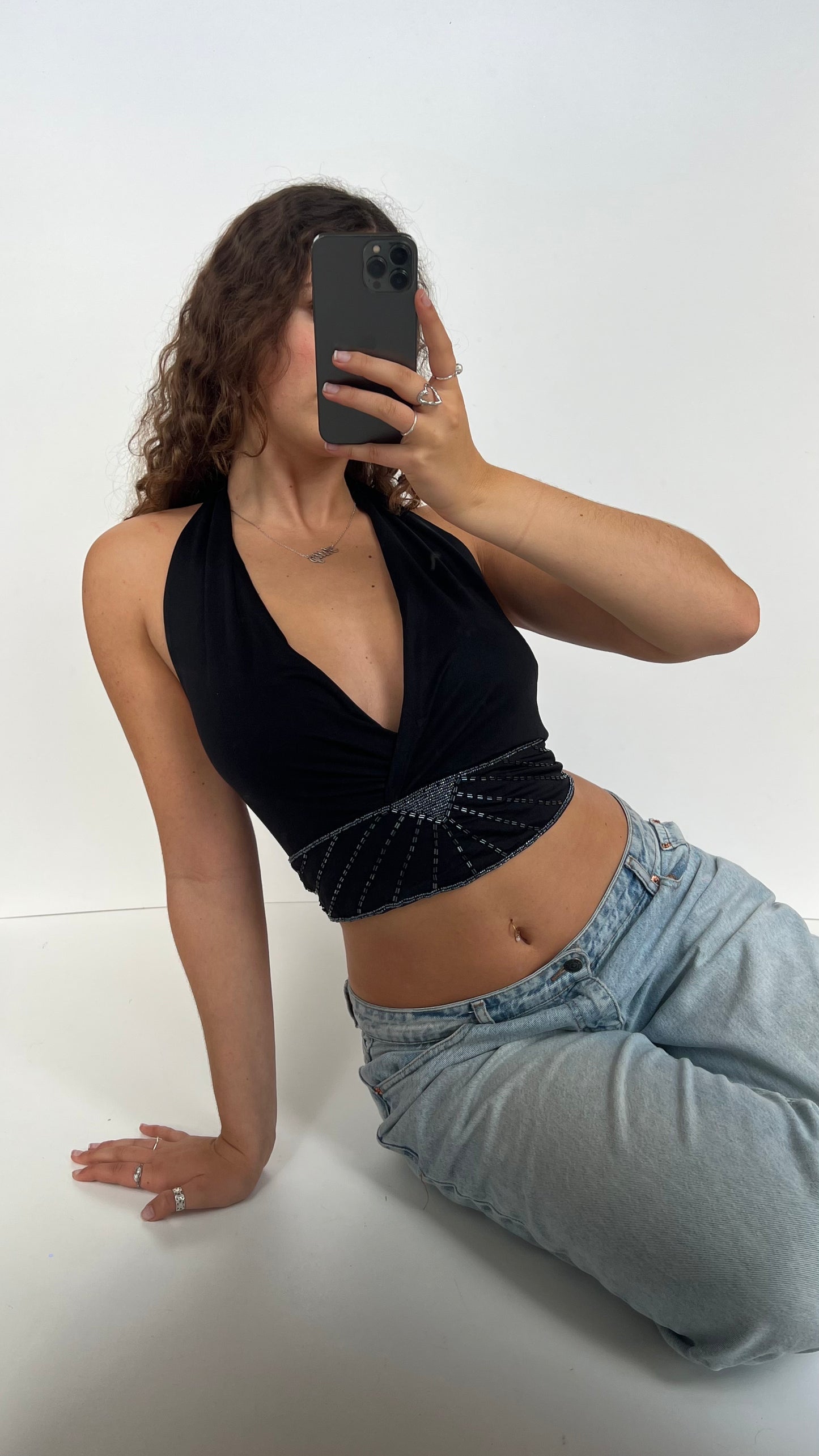 00s black beaded backless cami- size S
