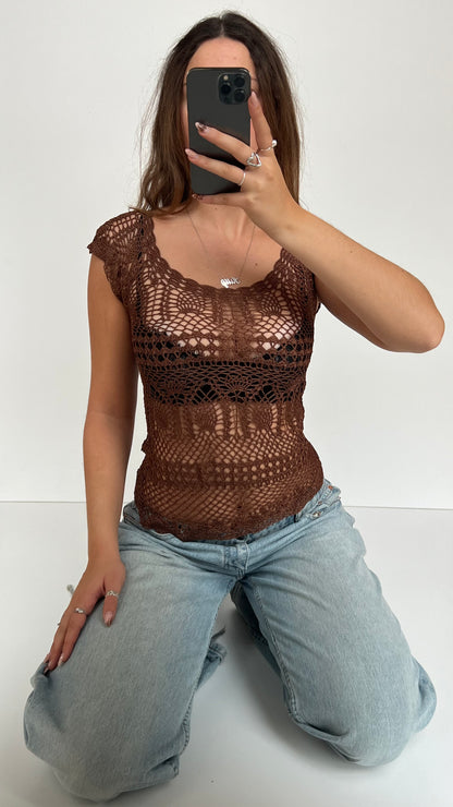 00s brown crochet babydoll top- size S