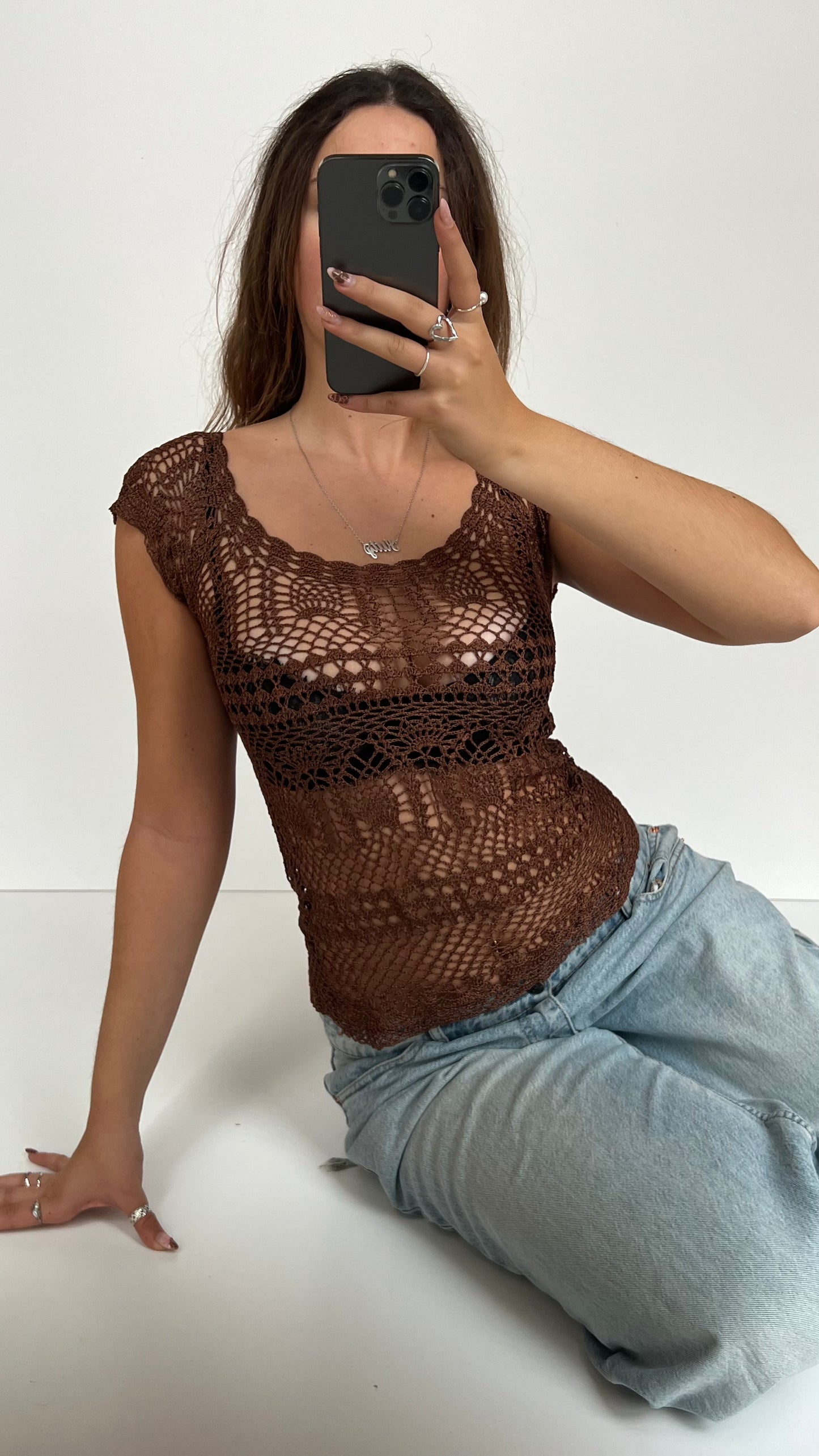00s brown crochet babydoll top- size S