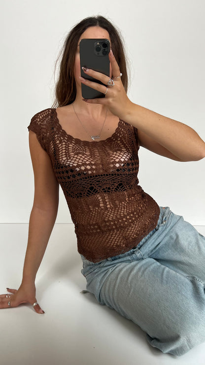 00s brown crochet babydoll top- size S