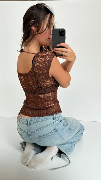 00s brown crochet babydoll top- size S