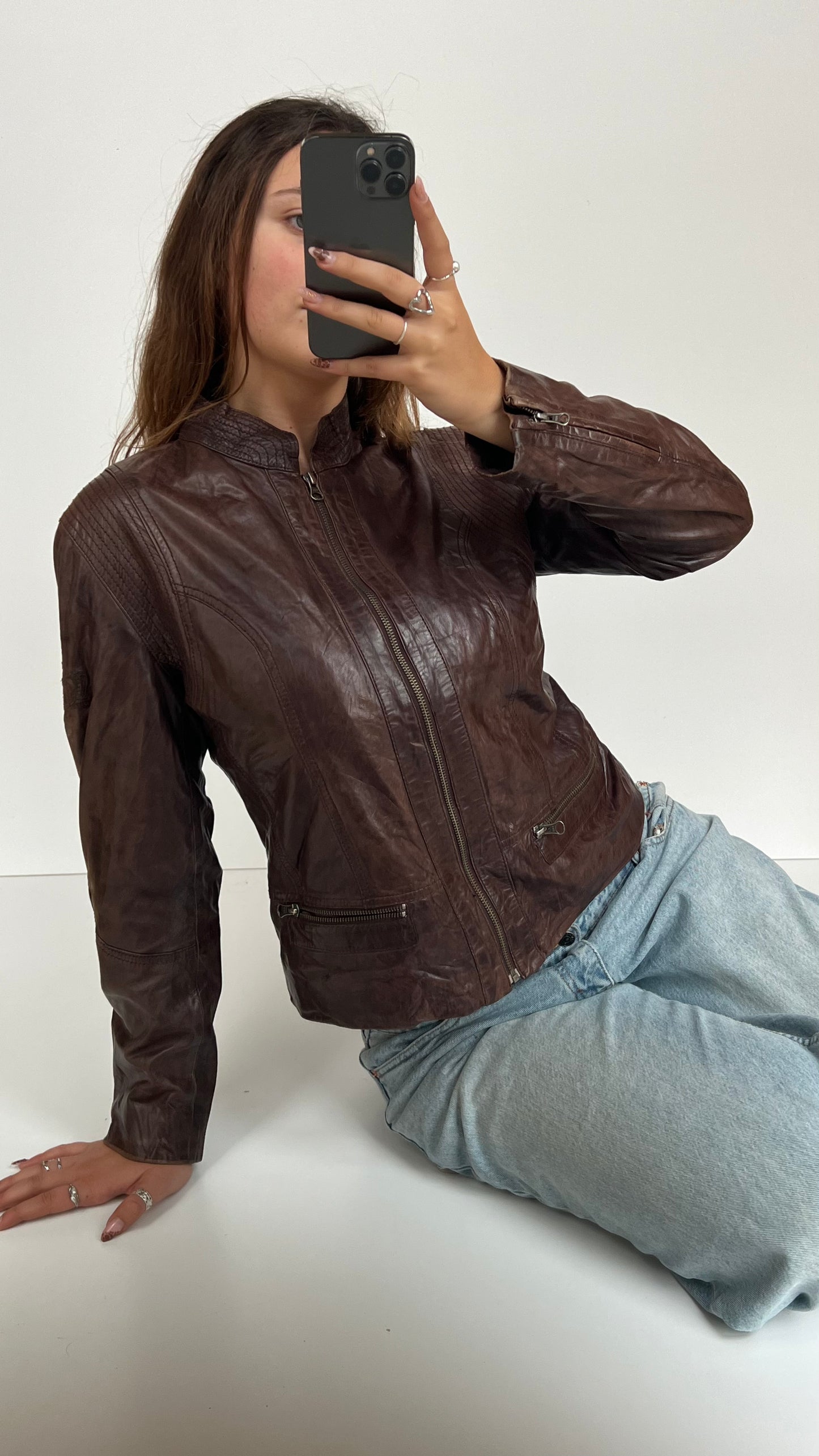 00s brown leather jacket- size M/L