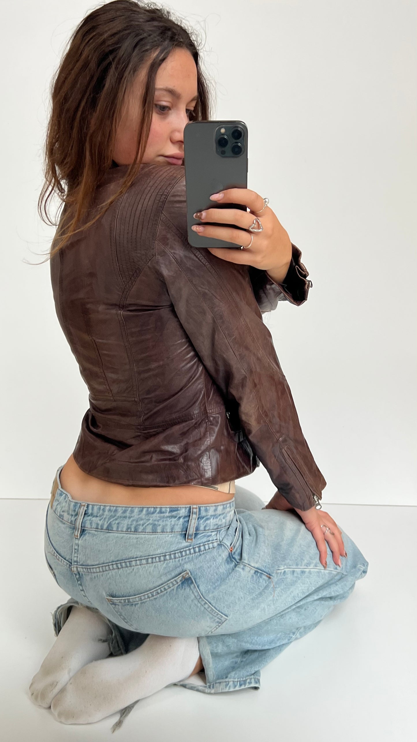 00s brown leather jacket- size M/L