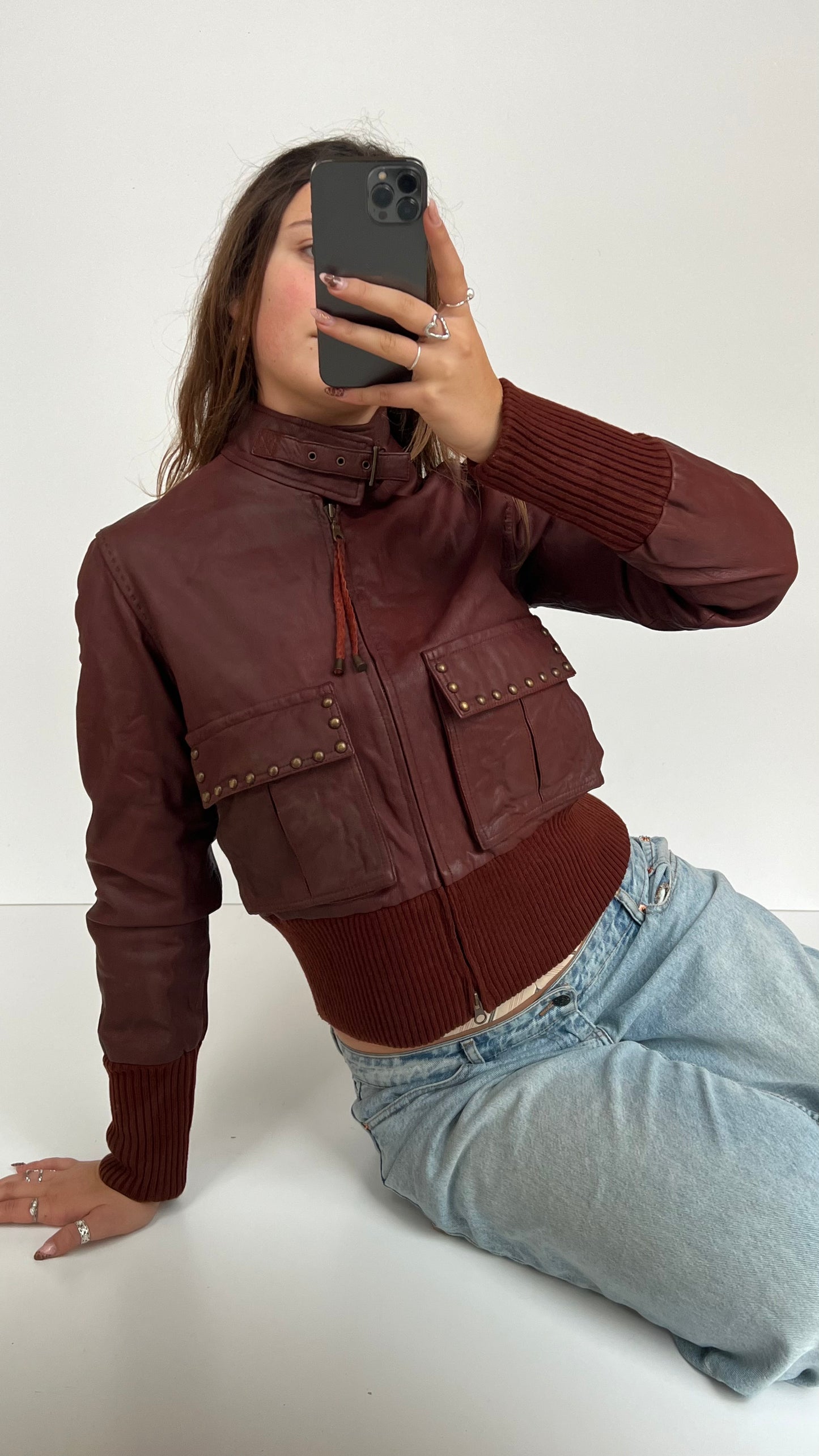 00s burgundy leather jacket- size M
