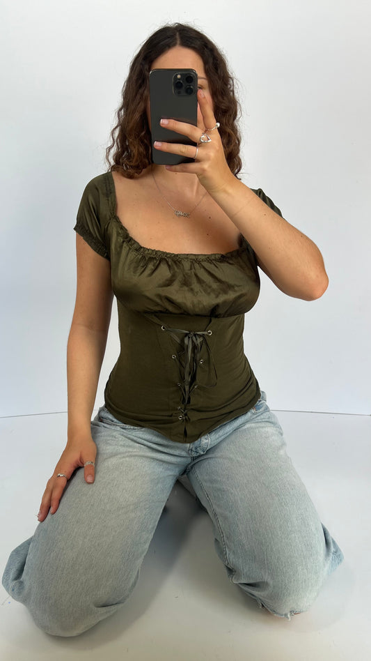 00s green milkmaid top- size M