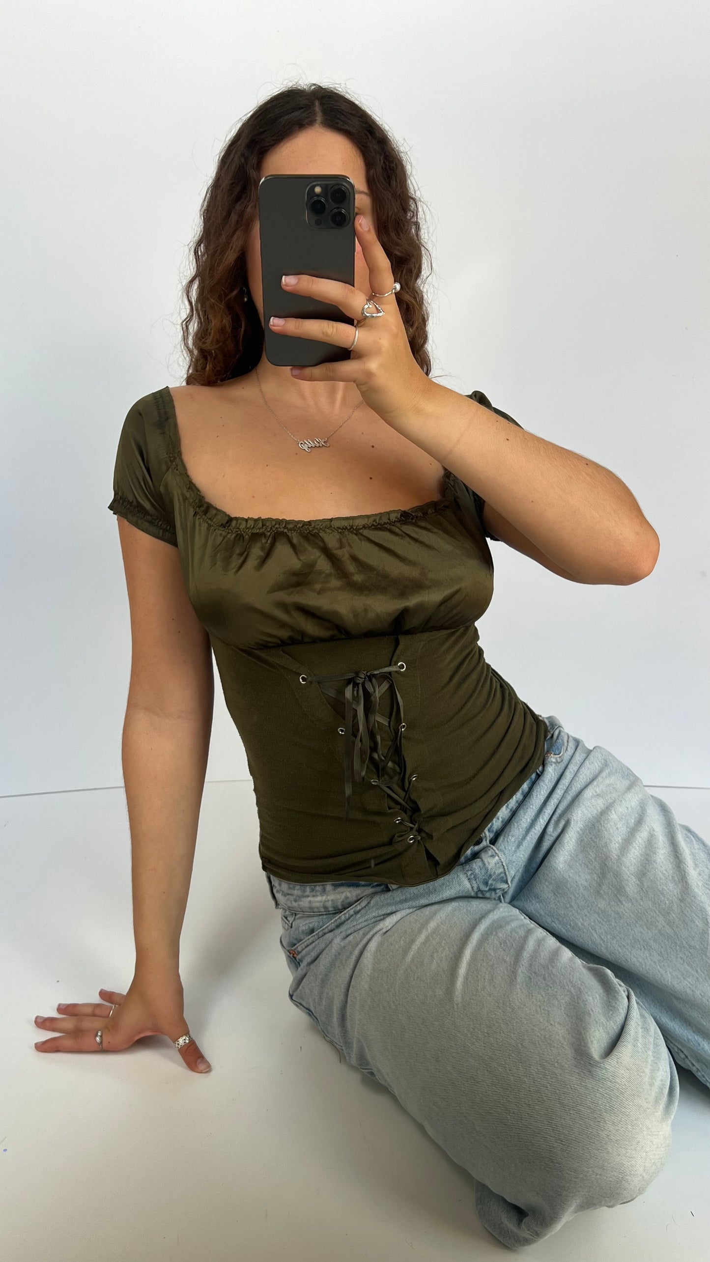 00s green milkmaid top- size M