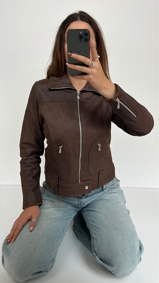 00s brown leather jacket- size L