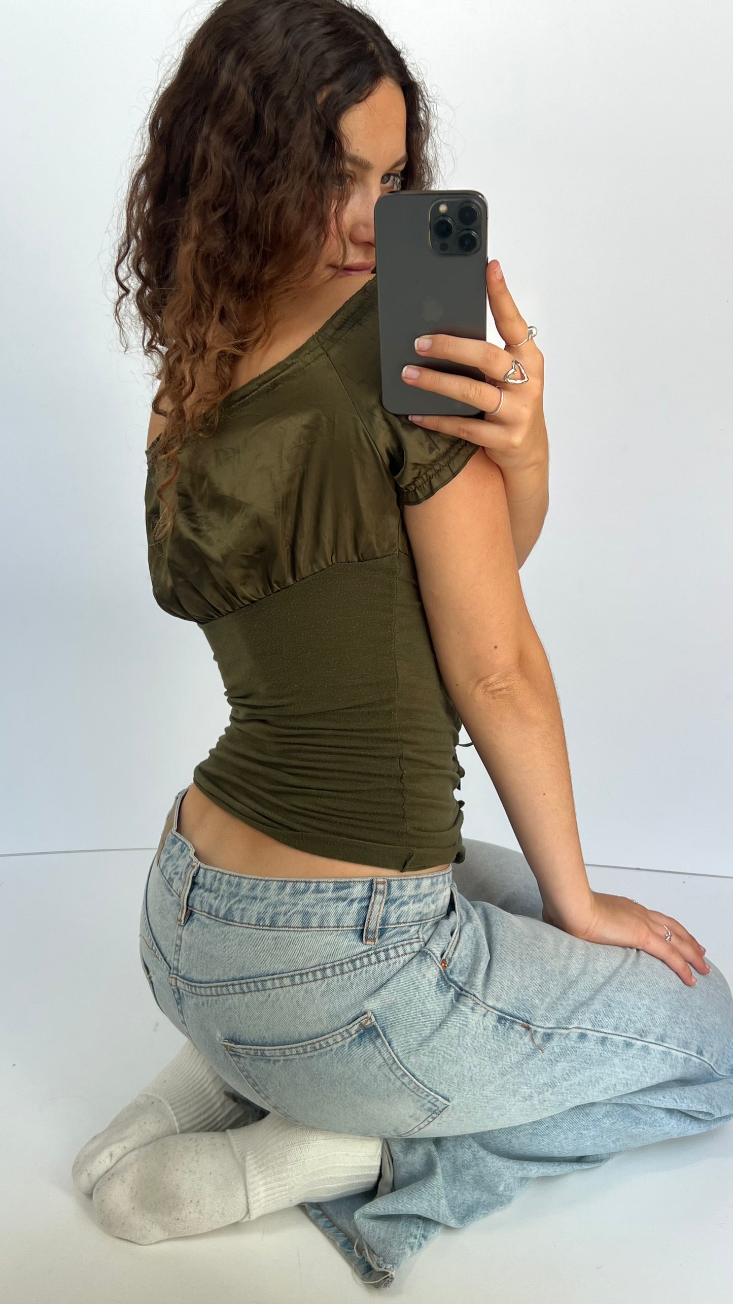 00s green milkmaid top- size M
