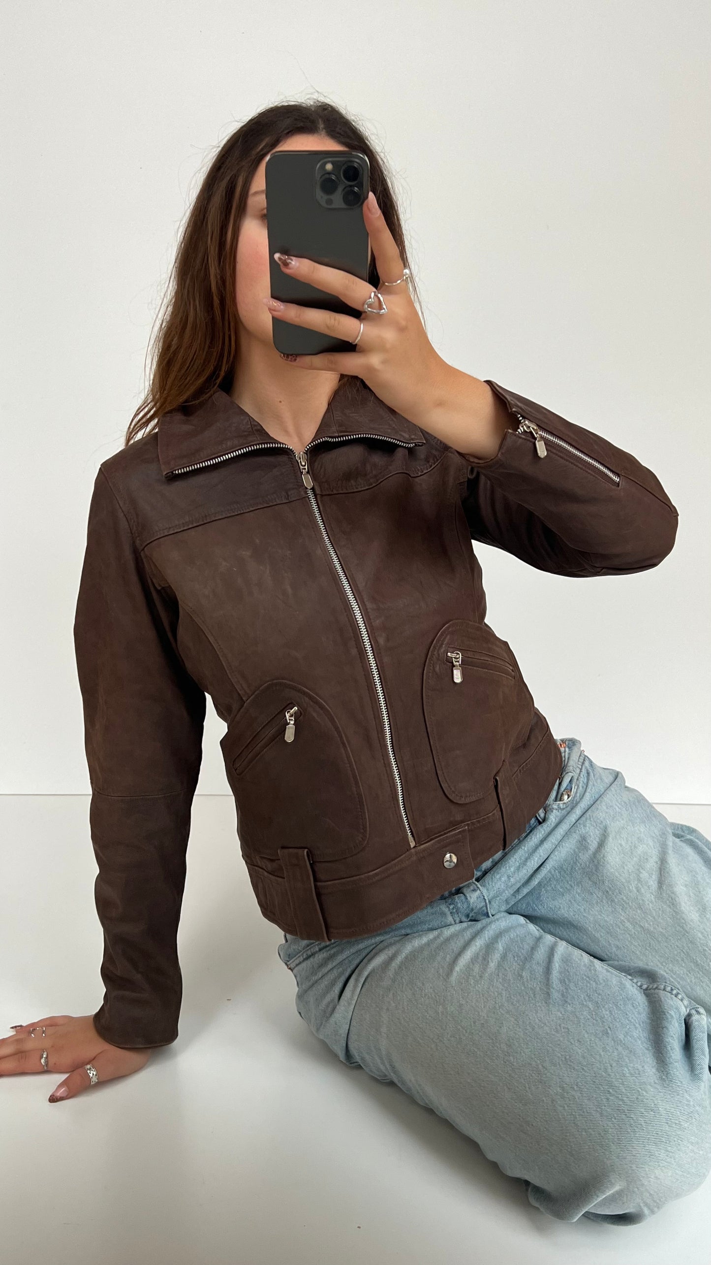 00s brown leather jacket- size L